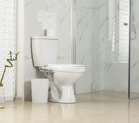 Toilet,Bowl,Near,Shower,Stall,In,Modern,Bathroom,Interior